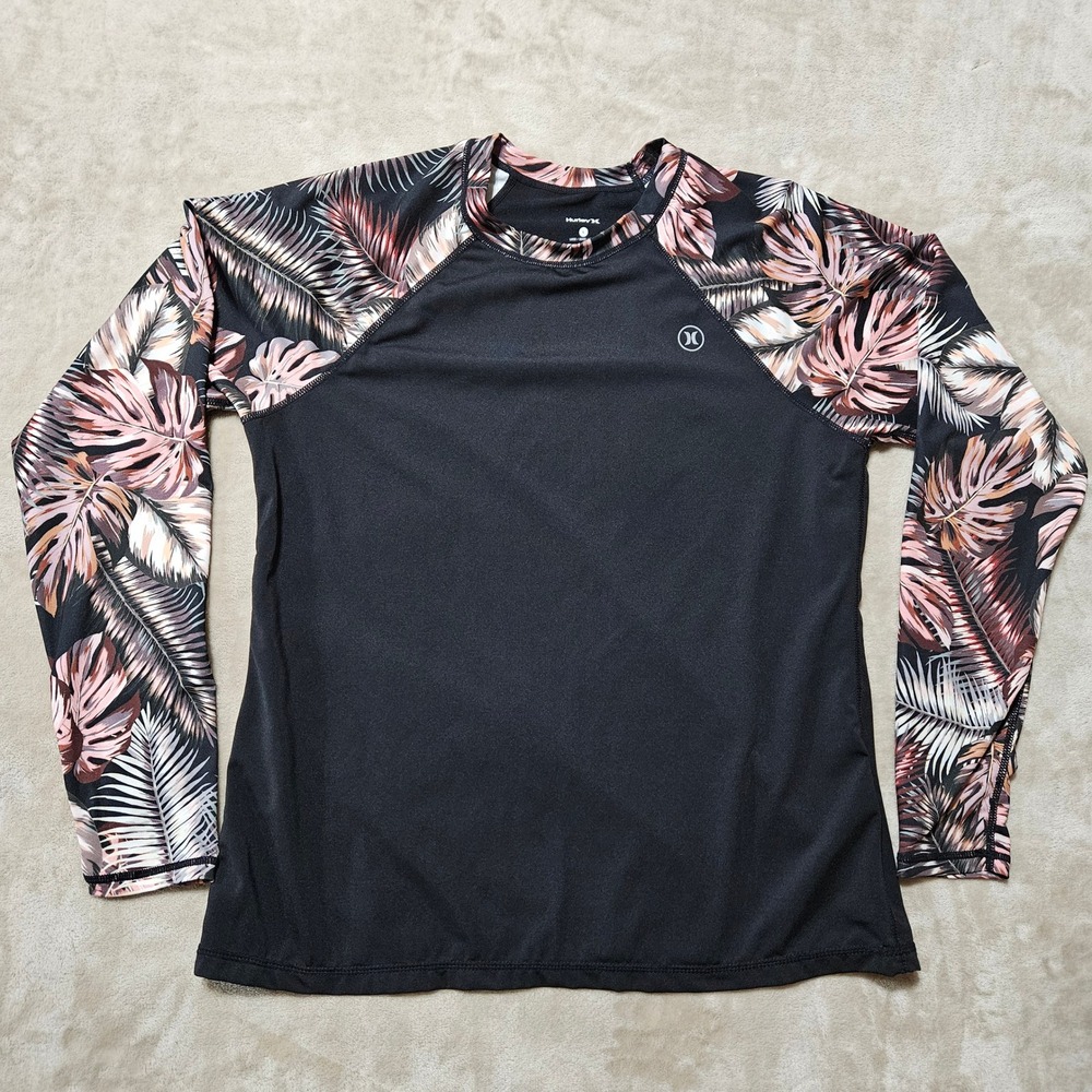 Hurley Womens Large Rash Guard Long Sleeve UPF 50+ Tropical Floral Black Top